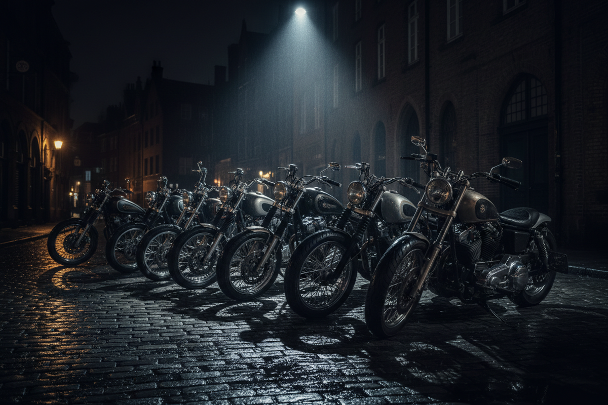 Row of Motorcycles on Dark Street with Spotlight